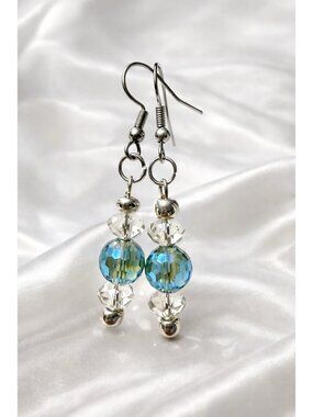 REIMAGINED AB Crystal Glass Bead Dangle Earrings 2” Silver Tone Handmade